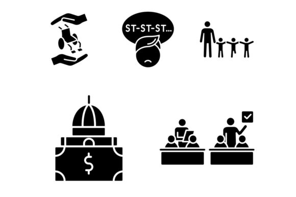 Inclusive Education Black Glyph Icon Set for Graphics and Icons