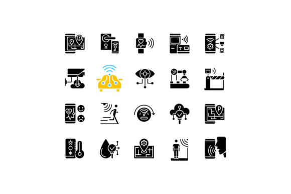 IoT Black Glyph Icons Set on White Space for Modern Graphics